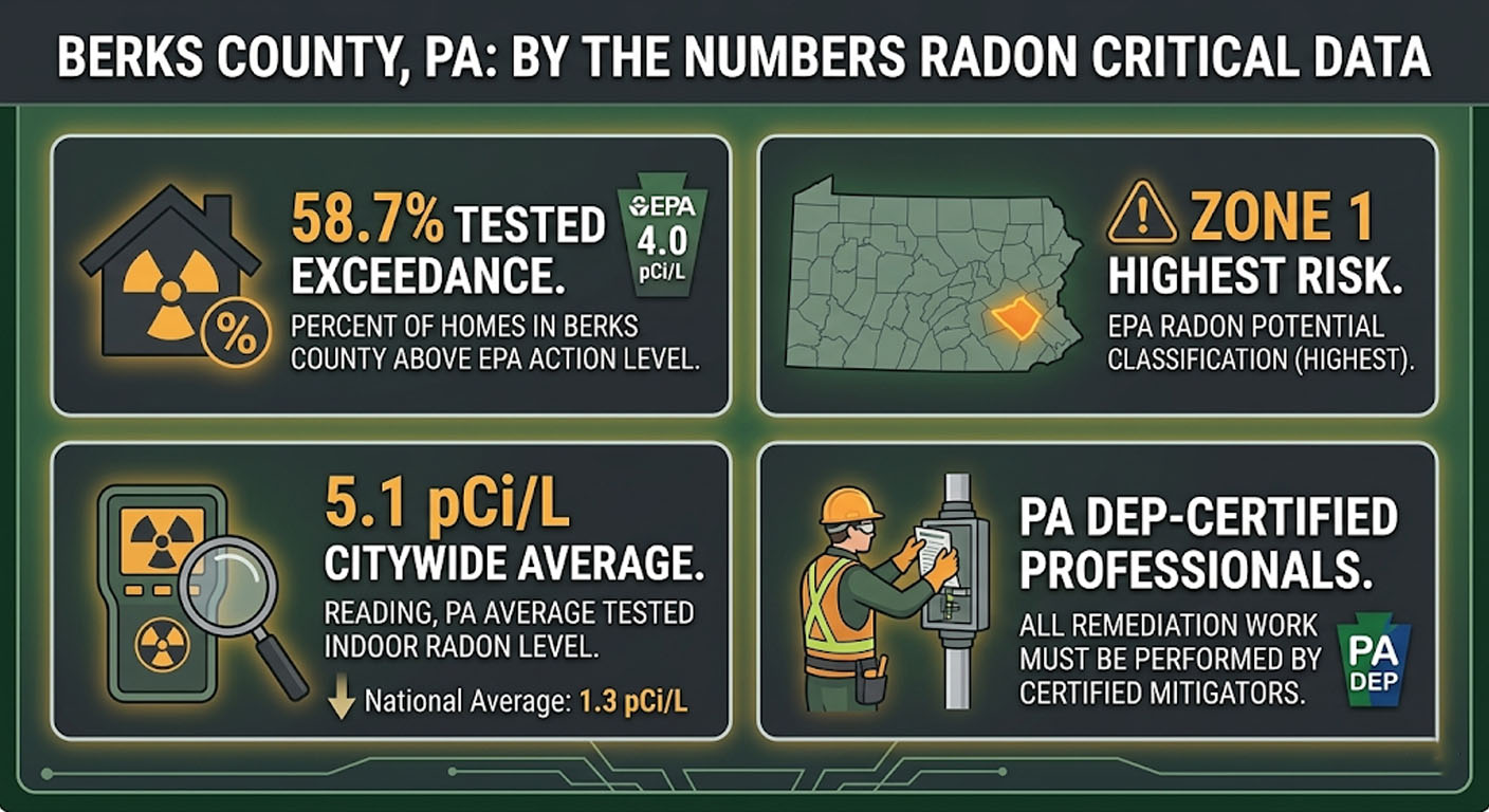 Data dashboard infographic displaying Berks County radon statistics: 58.7% home exceedance rate, 5.1 pCi/L average level, and EPA Zone 1 highest risk classification for Reading, PA